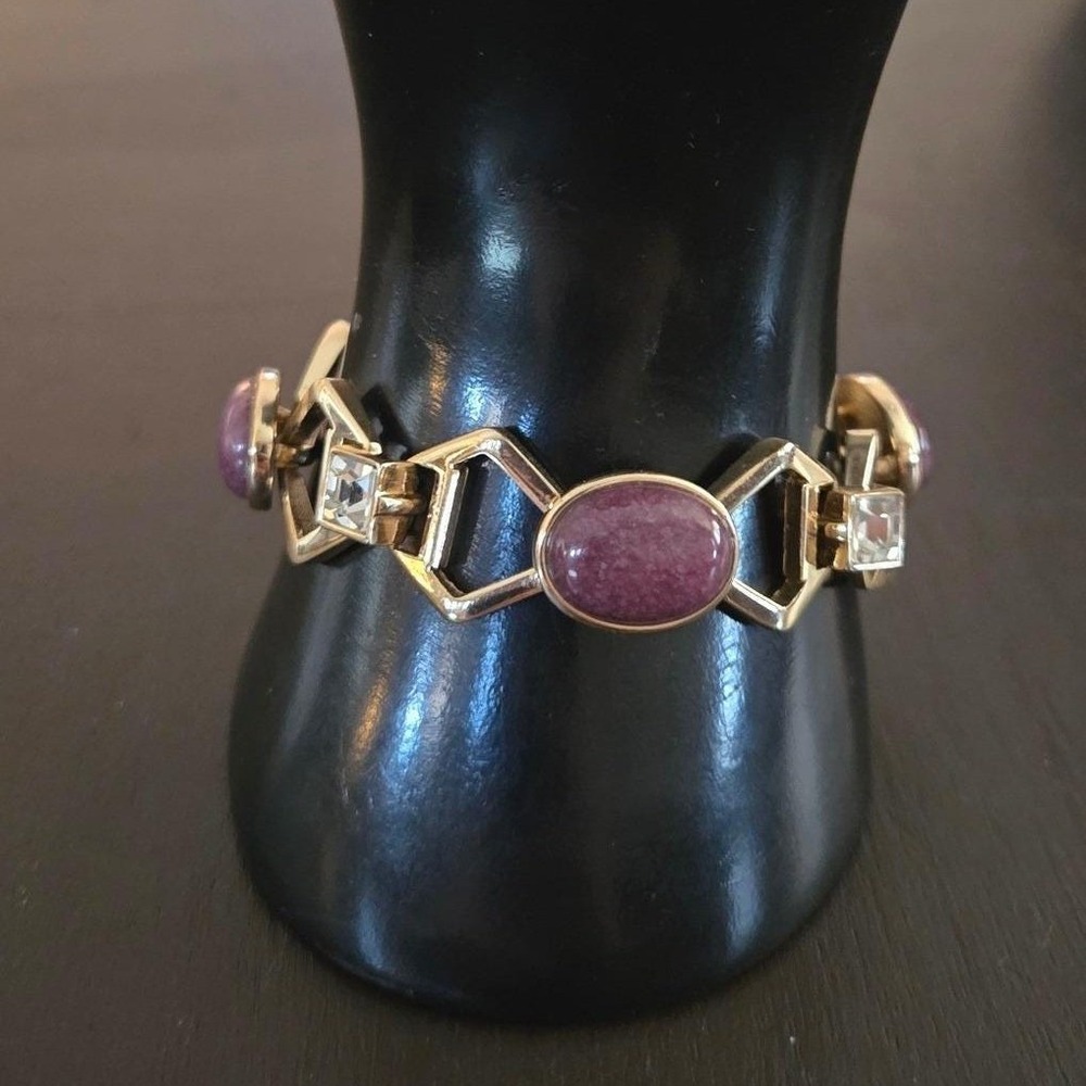Vintage‎ Gold Tone Geometric Link Bracelet Purple Cabochon Clear Crystal 7.5 In